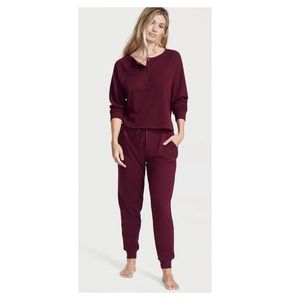 NWT Small Burgundy Victoria’s Secret Glow Waffle Henley Jogger Set